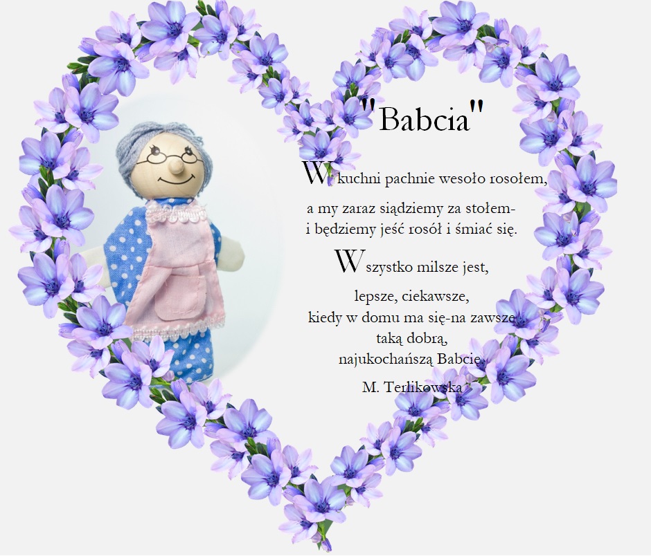 szara kartka z sercem z fioletowych kwiatów w których jest postać babci oraz życzenia z okazji dnia babci