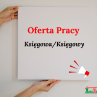 Plakat przedstawia ofertę pracy dla stanowiska: Konserwator - Elektryk. Na białym tle widnieje czerwony napis "Oferta Pracy", a poniżej czarną czcionką napisano "Księgowa/Księgowy". W prawym dolnym rogu jest ilustracja megafonu, symbolizująca ogłoszenie. W dolnym prawym rogu znajduje się logo z napisem "Ameryka", z elementami przypominającymi domki.