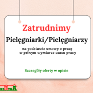 Plakat przedstawia ofertę pracy dla stanowiska: Pielęgniarki. Na białym tle widnieje czerwony napis "Zatrudnimy", a poniżej czarną czcionką napisano "Pielęgniarki/ Pielęgniarza - na podstawie umowy o pracę w pełnym wymiarze czasu pracy". W dolnym prawym rogu znajduje się logo z napisem "Ameryka", z elementami przypominającymi domki.