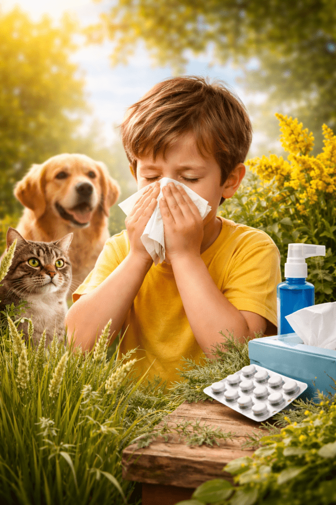 Chłopiec w żółtej koszulce siedzi na zewnątrz i zasłania nos chusteczką, jakby kichał lub wycierał nos. Obok niego widać kota, psa oraz stolik z pudełkiem chusteczek, sprayem i tabletkami, a wokół rosną żółte kwiaty i trawa.
