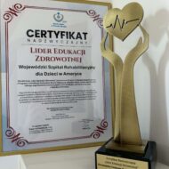 Na pierwszym planie stoi złota statuetka w kształcie rąk które trzymają serce, na dole statuetki napis Certyfikat Nadzwyczajny „Lider Edukacji Zdrowotnej”. Europejskie Centrum Badań nad Jakością 2026. W tle widać papierowy certyfikat włożony w złotą ramkę.