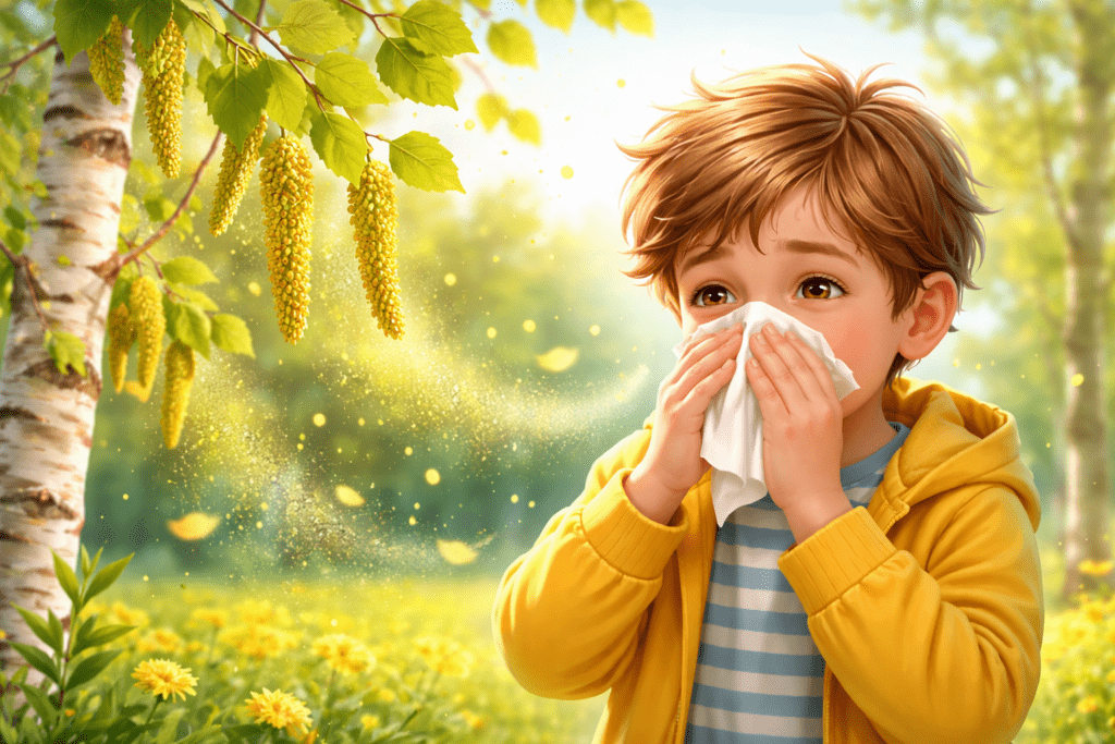 Ilustracja przedstawia chłopca w żółtej bluzie, który trzyma chusteczkę przy nosie na tle wiosennego krajobrazu. Nad nim zwisają brzozowe kotki, a w powietrzu unoszą się drobinki pyłku sugerujące alergię.